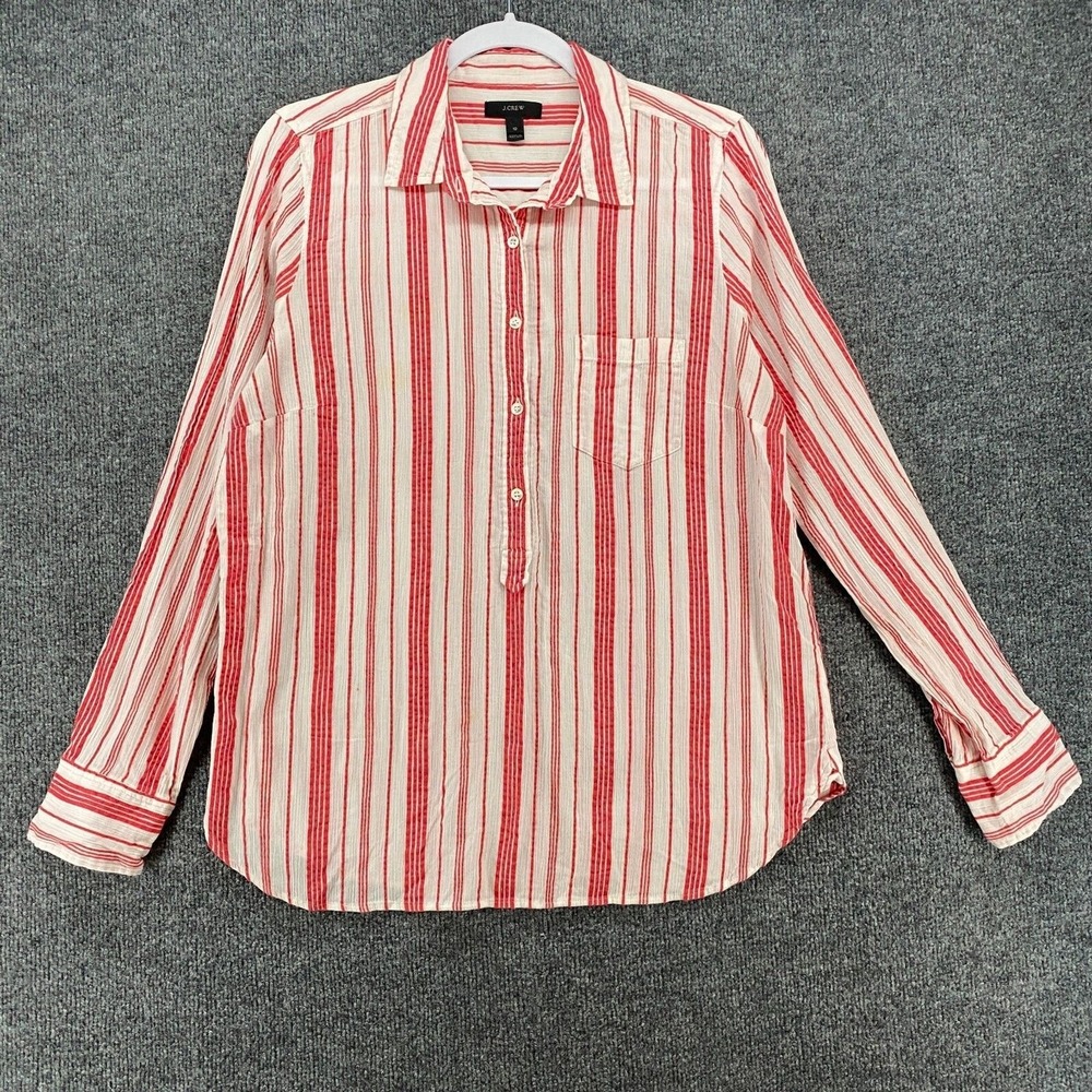 J Crew Top Womens 10‎ Red Striped Tunic V-Neck Lagenlook Beachy Resort Coastal